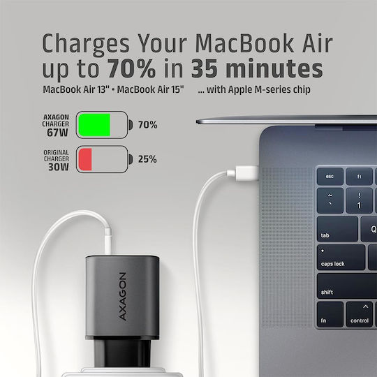 Axagon Wireless Charger GaN With USB-A Output Port And USB-C Output Port 67W Power Delivery Quick Charge 3.0 Quick Charge 4+ Quick Charge 2.0 SuperCharge Gray ACU-PQ67
