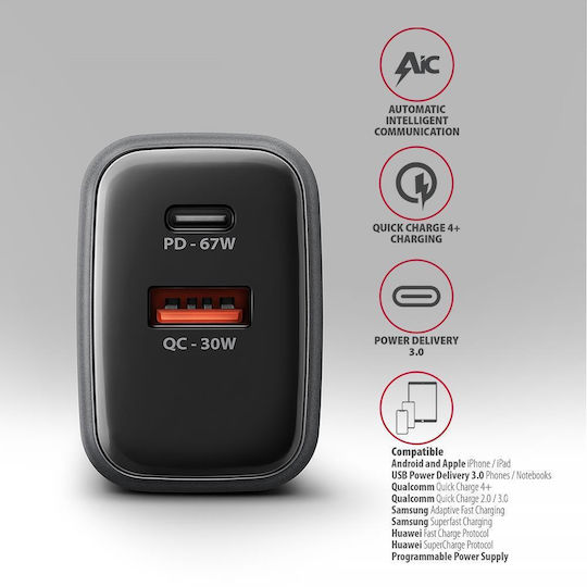Axagon Φορτιστής Χωρίς Καλώδιο με Θύρα USB-A και Θύρα USB-C 67W Power Delivery / Quick Charge 3.0 / Quick Charge 4+ / Quick Charge 2.0 / SuperCharge Μαύρος (ACU-PQ67D)