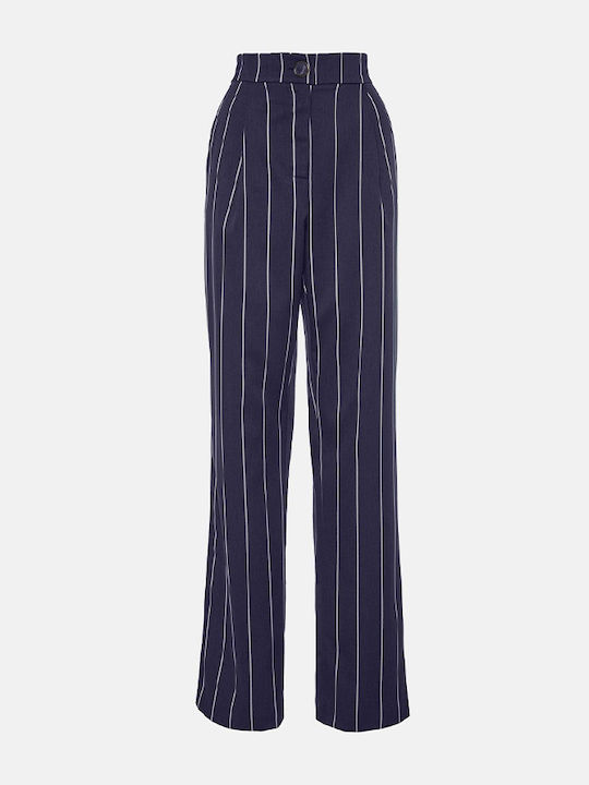 Women's High Rise Fabric Trousers in Straight Leg Striped Blue