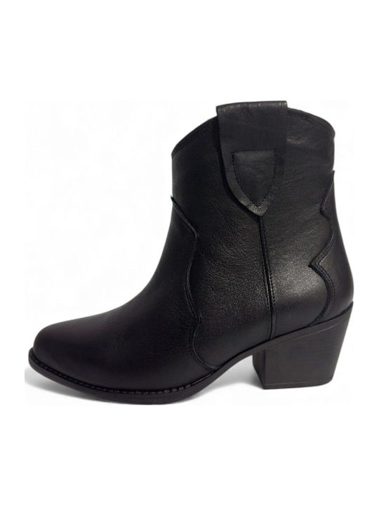 Leather Women's Ankle Boots Cowboy with Medium Heel Black