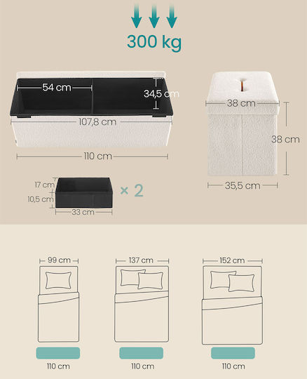 Bench Stool with Storage Space Wooden Ecru 110x38x38cm
