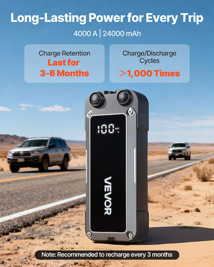 Vevor Portable Car and Motorcycle Battery Starter 4000A with Power Bank USB Flashlight 12V