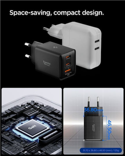 Spigen Ladegerät ohne Kabel GaN mit USB-A Anschluss und 2 USB-C Anschlüsse 47W Stromlieferung Schwarzs (Essential)