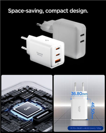 Spigen Ladegerät ohne Kabel mit USB-A Anschluss und 2 USB-C Anschlüsse 47W Stromlieferung Weißs (Essential)