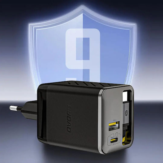 Dudao Charger with Built-in Cable GaN with USB-A Port and USB-C Port USB-C 67W Power Delivery / Quick Charge 3.0 Blacks (A67EU)