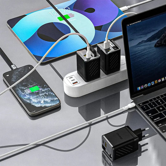 Dudao Charger with Built-in Cable GaN with USB-A Port and USB-C Port USB-C 67W Power Delivery / Quick Charge 3.0 Blacks (A67EU)