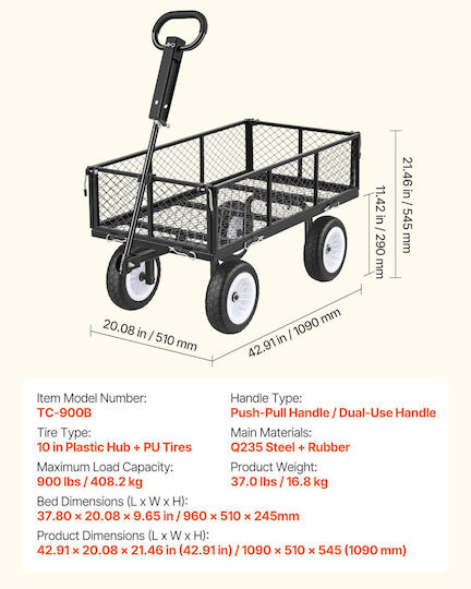 Metal Garden Cart with Maximum Load Capacity 408kg