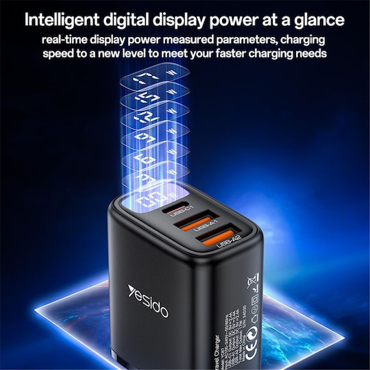 Yesido Incarcator Fara Cablu cu 2 Porturi USB-A si Port USB-C 17W Negru