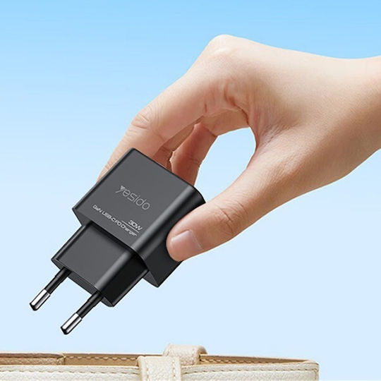 Yesido Incarcator Fara Cablu GaN cu Port USB-A si Port USB-C 30W Power Delivery Negru