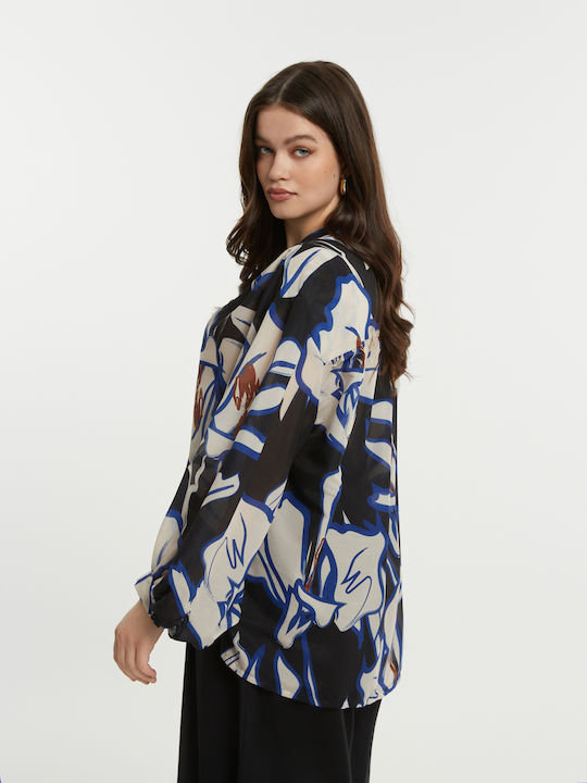 Women's Long Sleeve Floral Blue Blouse 8501.1046.1-Royal Blue