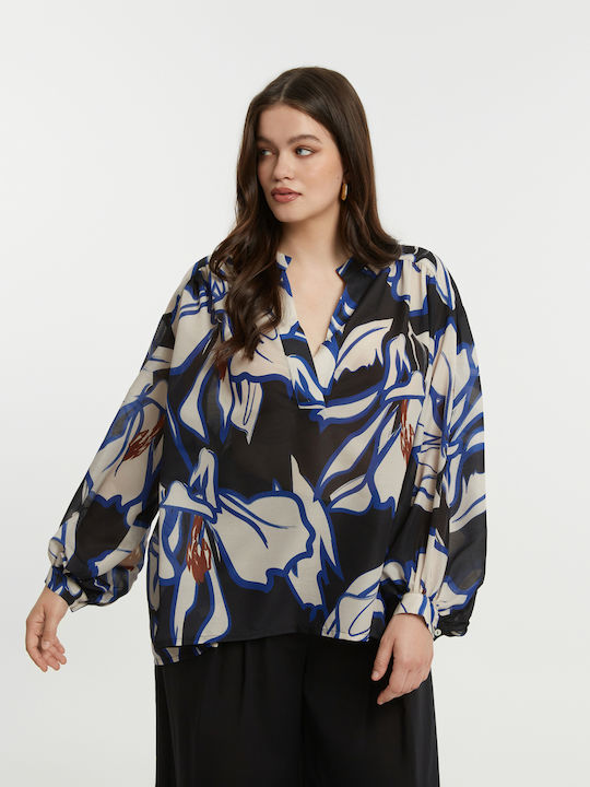 Women's Long Sleeve Floral Blue Blouse 8501.1046.1-Royal Blue