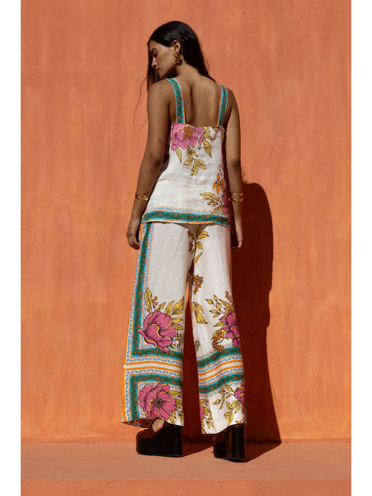 Women's Summer Linen Top with Spaghetti Straps Floral Ecru