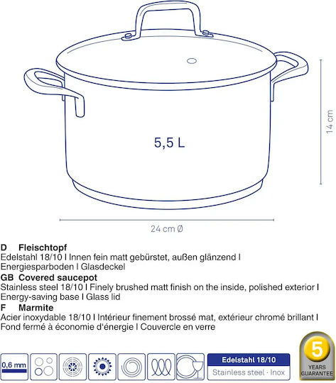 Kela Flavoria Deep Stainless Steel Pot 5.5L / 24cm