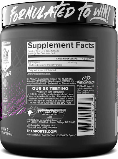 Efx Sports Kre-alkalyn Efx Powder 210~220 Γραμμάρια Χωρίς Γεύση