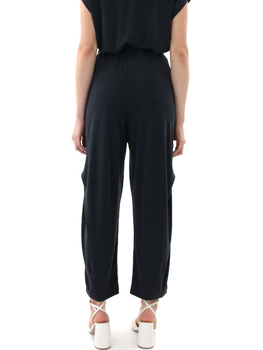 Women's High Rise Ribbed Trousers with Rubber Band in Loose Fit Black