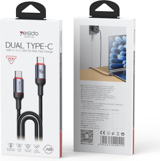 Data Cable Type-c To Type-c 240w 480mbps Nylon 2m Yesido Black