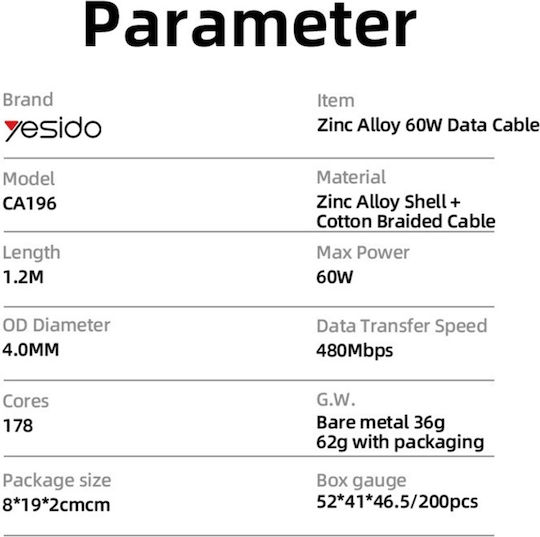 Datenkabel Type-c Zu Type-c Pd 60w 480mbps 1.2m Zinklegierung Yesido Schwarzes