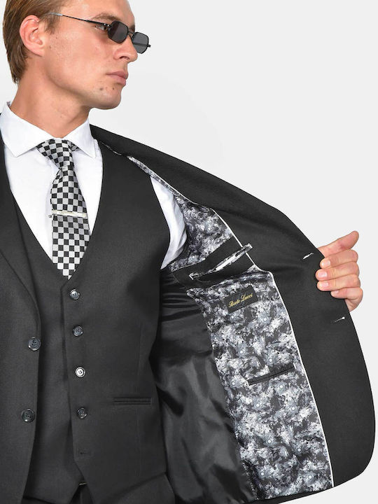 Winter Men's Suit with Vest Slim Fit Black