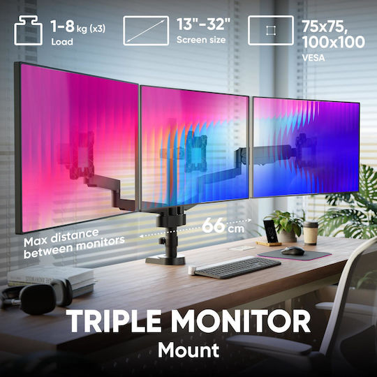 Onkron Stand Desk Mounted for 3 Monitors up to 32" with Arm (G280-B)
