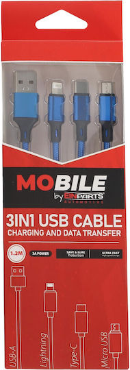 Einparts Кабел 3in1 12м 3А To Usb-C Micro USB Lightning Sleeve