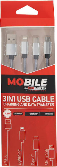 Einparts 3-in-1 12m 3a Cable Usb-c Micro Usb Lightning Nylon