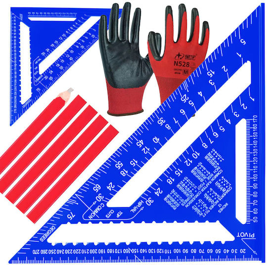 Set Echer T 5 Creioane Mănuși Aluminiu Unghiuri 90° 45° 300 X 430 X 4 Mm Mm Inch Picior Muchii Finisate Triunghiular Albastru