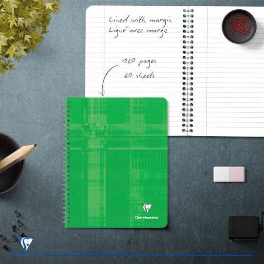Clairefontaine Spiral Notebook A5 60 Sheets with White Pages with Pen Case Green
