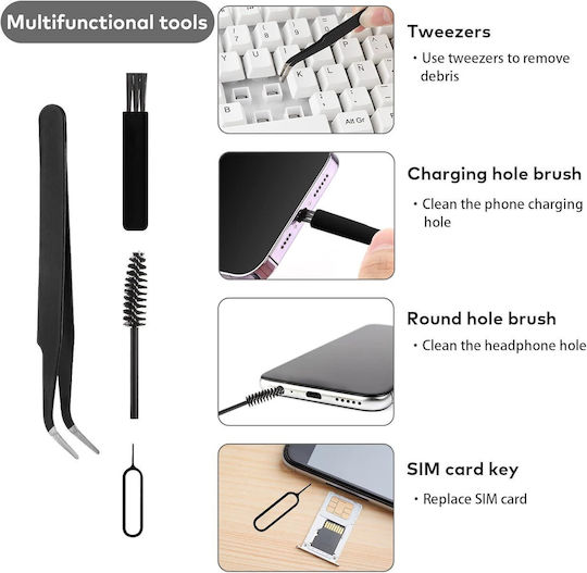 Kit Multifuncțional 18 În 1 Curățare Produse Electronice Husă De Depozitare Zola 12,5x5x2,5 Cm Negru Gri