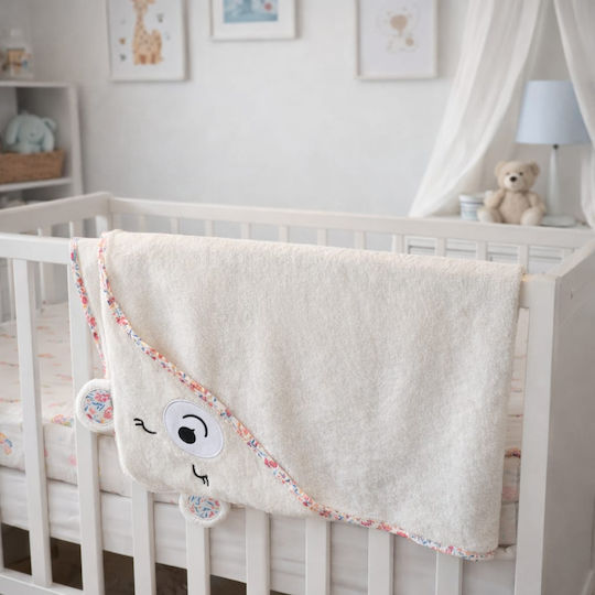 Baby Bath Towel-Bathrobe Hooded White Bear Pink Floral Design 90x100cm Pink Hooded2