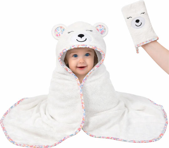 Baby Bath Towel-Bathrobe Hooded White Bear Pink Floral Design 90x100cm Pink Hooded2