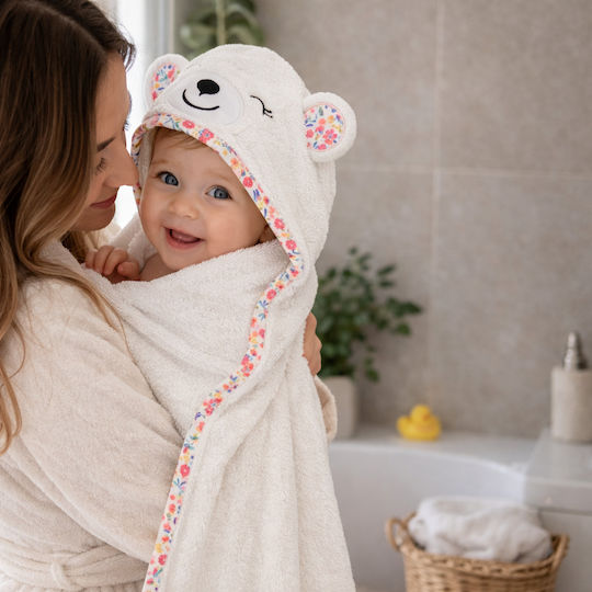 Baby Bath Towel-Bathrobe Hooded White Bear Pink Floral Design 90x100cm Pink Hooded2
