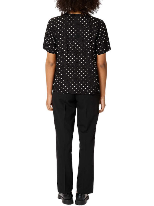 Women's Blouse with V-Neckline Black Polka Dot