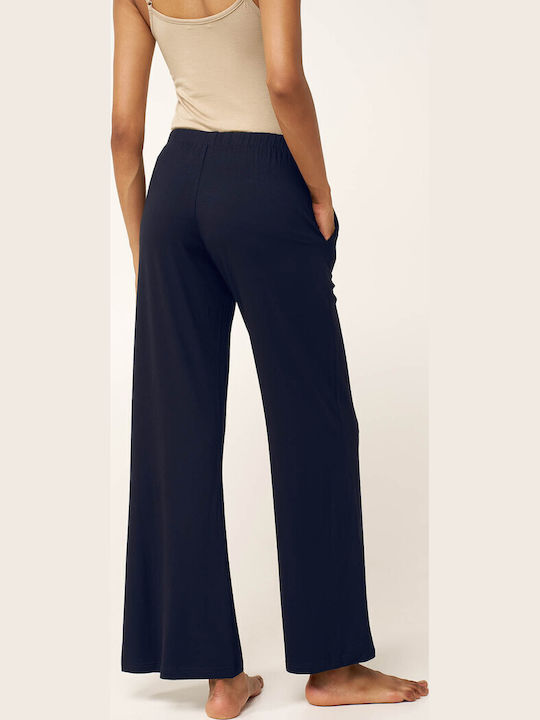 Women's Fabric Trousers with Rubber Band in Loose Fit Black