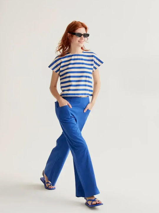 Women's High Rise Fabric Trousers in Straight Leg Blue