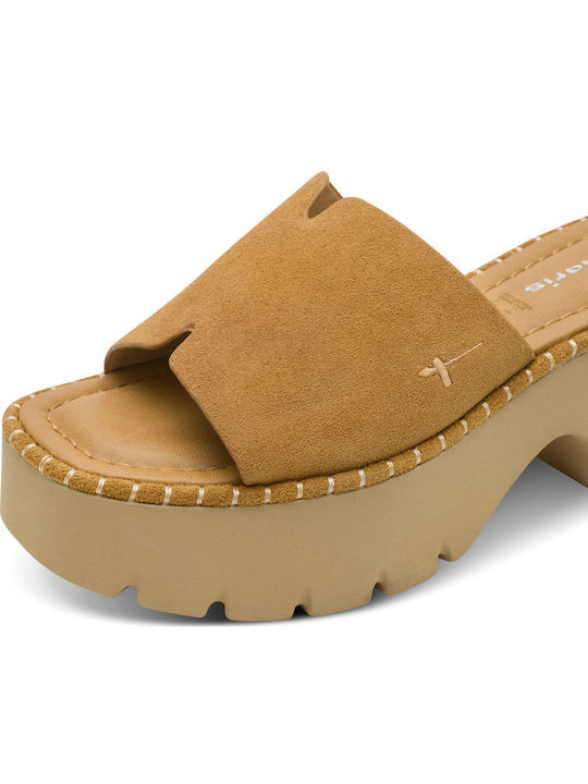 Suede Mules With Chunky High Heel In Brown Color