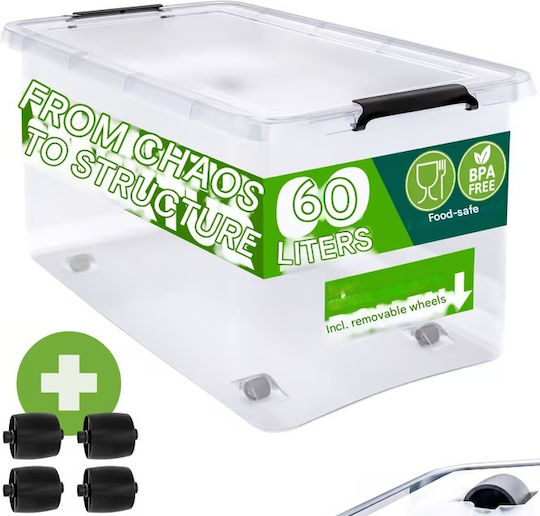 Deuba Plastic Storage Box with Wheels and Transparent Lid 60x40x35cm