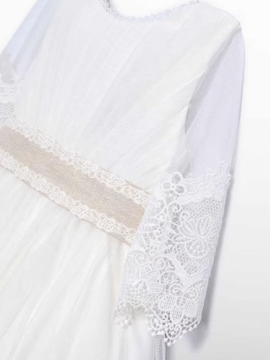 Girls Dress Long Sleeve Tulle for Flower Girl Set with Accessories Beige