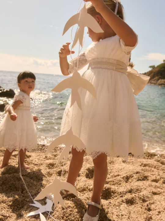 Girls Dress Long Sleeve Tulle for Flower Girl Set with Accessories Beige