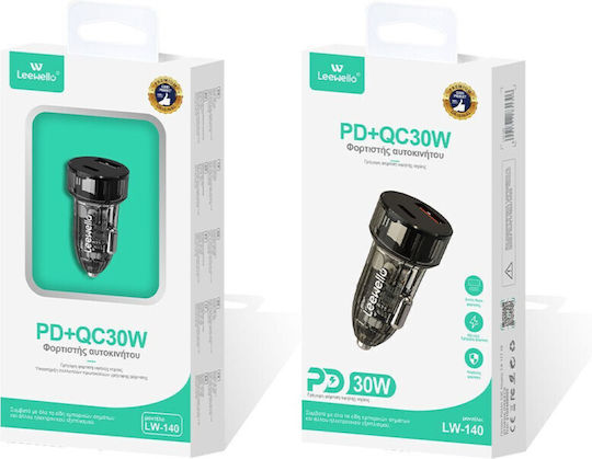 Leewello Auto-Ladegerät 30W mit Anschlüssen: 1xUSB 1xType-C Schwarz Farbe