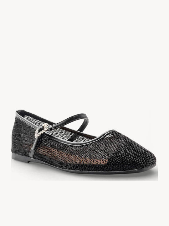 Schwarze Damen Ballerinas Netz Dekorative Agraffe