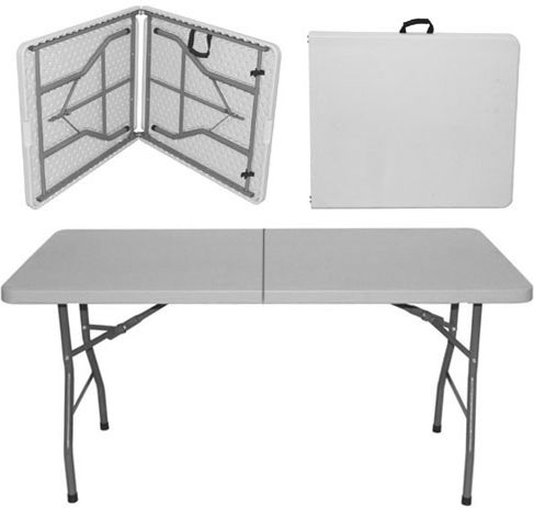 Set Mobilier Catering Evenimente Raki Masă Valiză Pliabilă Dreptunghiulară 152x76xh73.5cm 6 Scaune 44x42xh92cm Huse Textile Plastic Metal Alb