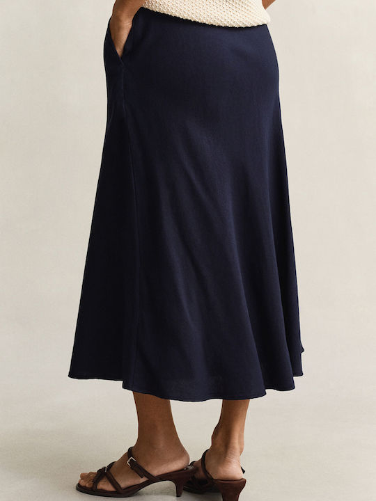 Skirt Λινή Ψηλόμεση Midi Φούστα Darkblue