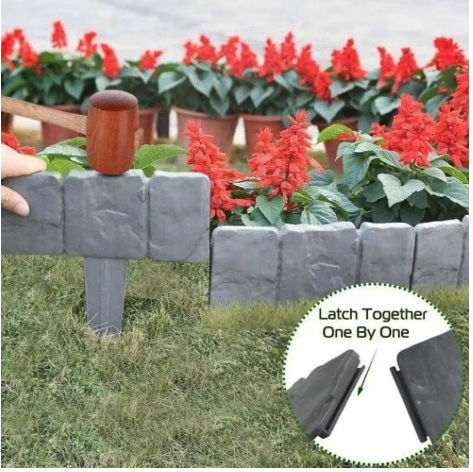 Set 10 Piese Decorative Gardă Viu De Grădină Delimitare Gri Culoare Imitatie Piatra 25x23 Cm Lungime 2.5 M
