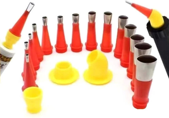 Set 32 Accesorii Pentru Aplicarea Siliconului Neted Duze Universale Zola Diverse Dimensiuni 5-35 Mm Reutilizabile Plastic Oțel Inoxidabil Roșu Galben