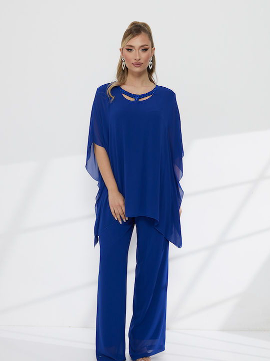 Women's Blue Set with Trousers with Rubber Band in Loose Fit