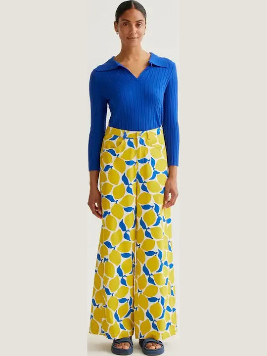 Women's High Rise Fabric Trousers in Wide Leg Style White/lemon