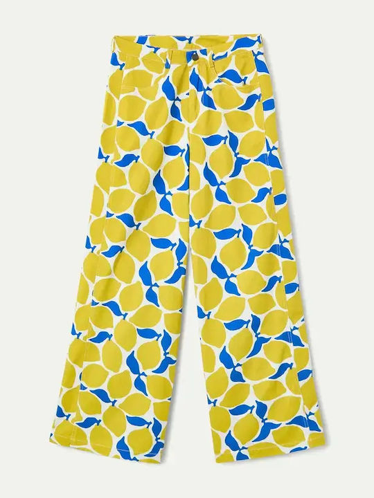 Women's High Rise Fabric Trousers in Wide Leg Style White/lemon