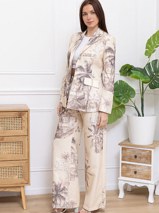 Women's High Rise Leather Flared Trousers Beige