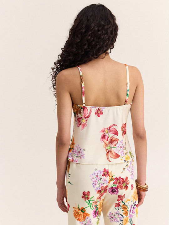 Women's Satin Blouse with Spaghetti Straps Floral Vanilla