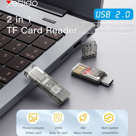 Card Reader Usb To Type-c Tf Slot 480 Mbps Polycarbonate Yesido Gray
